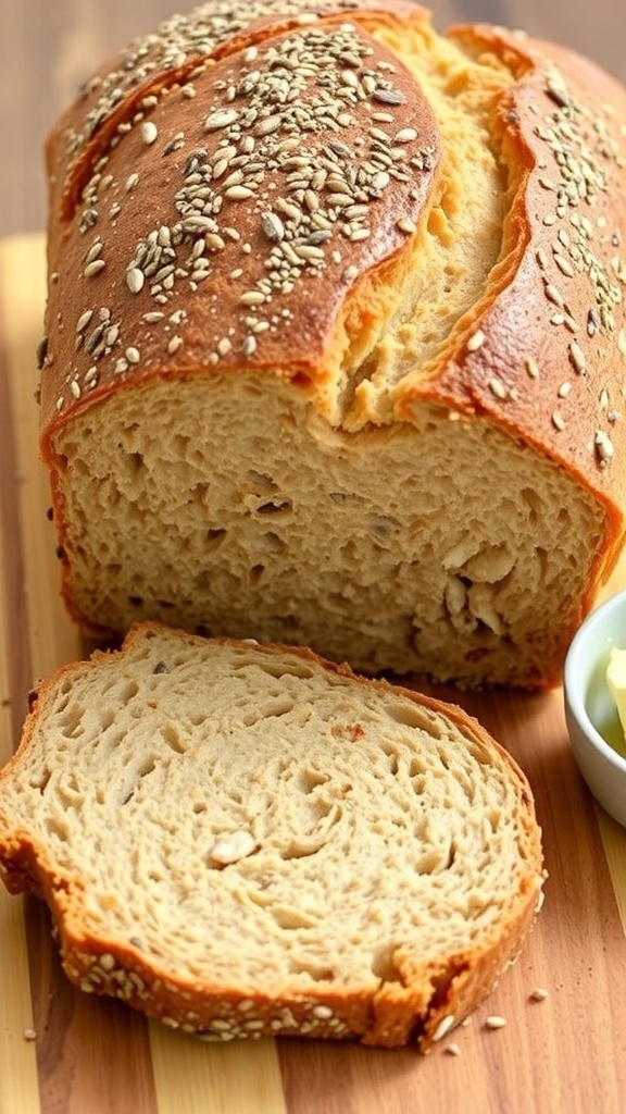 A golden-brown loaf of 9 grain sourdough bread sliced to show its textured interior, on a wooden board with butter.